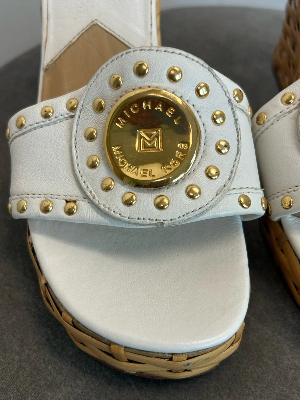 Michael Kors White Leather Studded Woven Wedge Slide Sandals Gold Logo 6.5